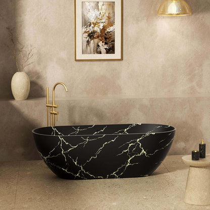 Side view of black oval stone resin soaking bathtub