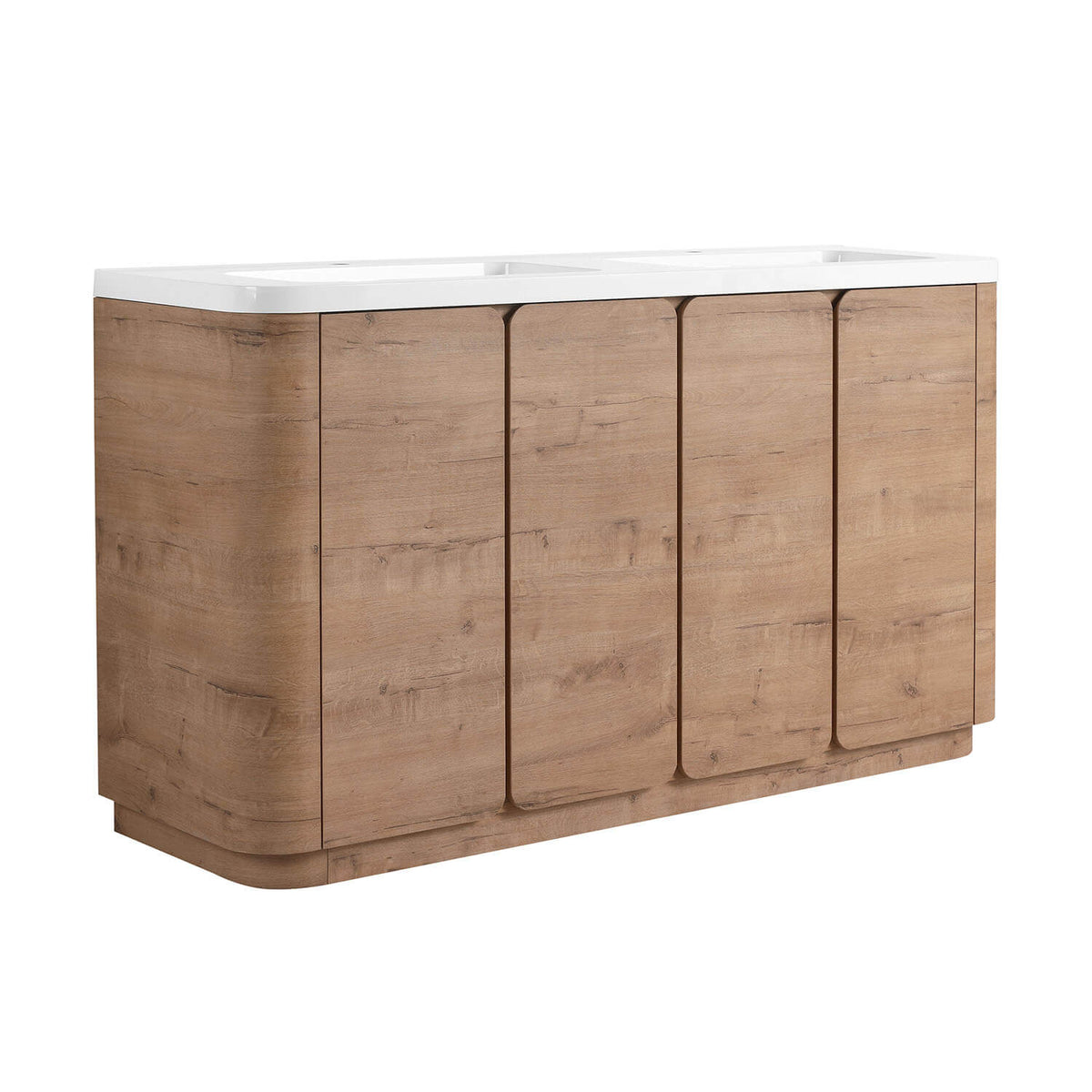 Side view of the 60 inch white oak freestanding bathroom vanity with 4 doors