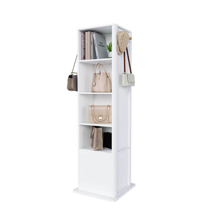 Side view of white swivel mirror cabinet back with book storage
