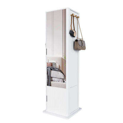 Side view of white swivel mirror cabinet with hooks and reflection