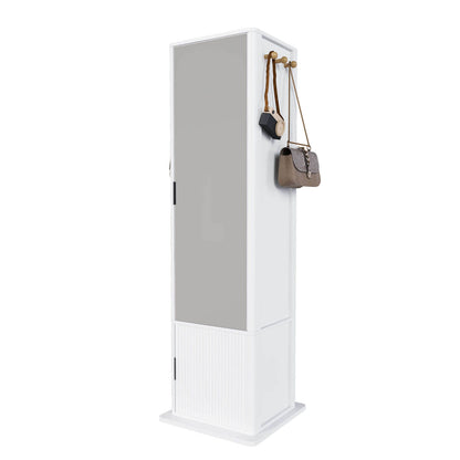 Side view of white swivel mirror cabinet with hooks no reflection