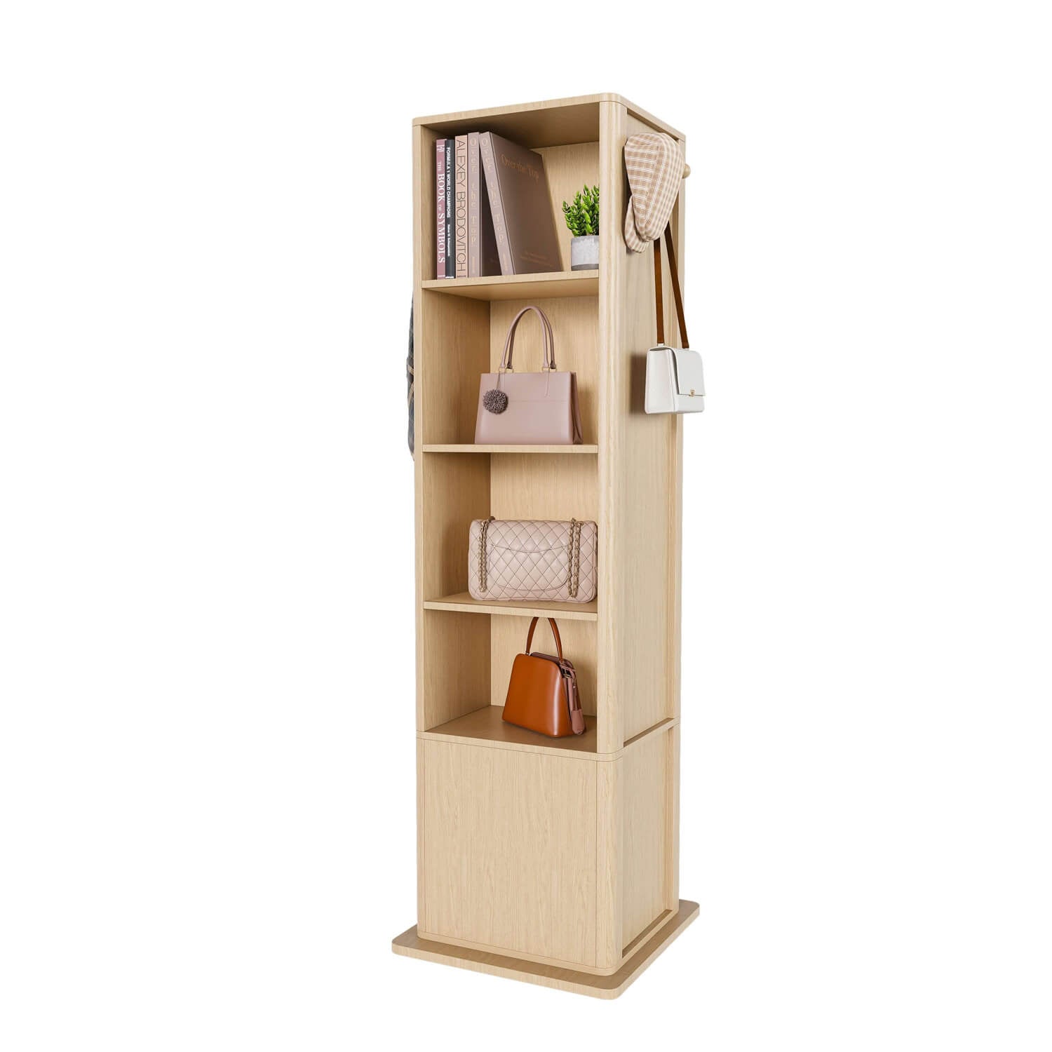 Side view of wooden rotating mirror cabinet back with book and bag storage