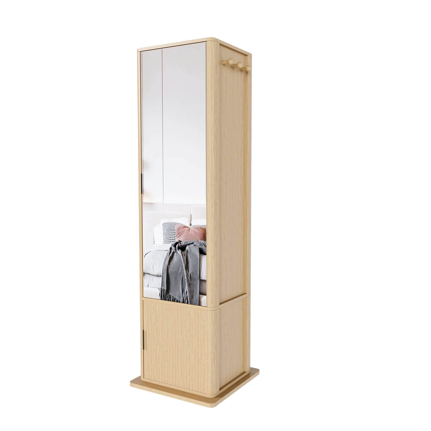 Side view of wooden rotating mirror cabinet with mirror and wood frame