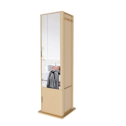 Side view of wooden rotating mirror cabinet with mirror and wood frame