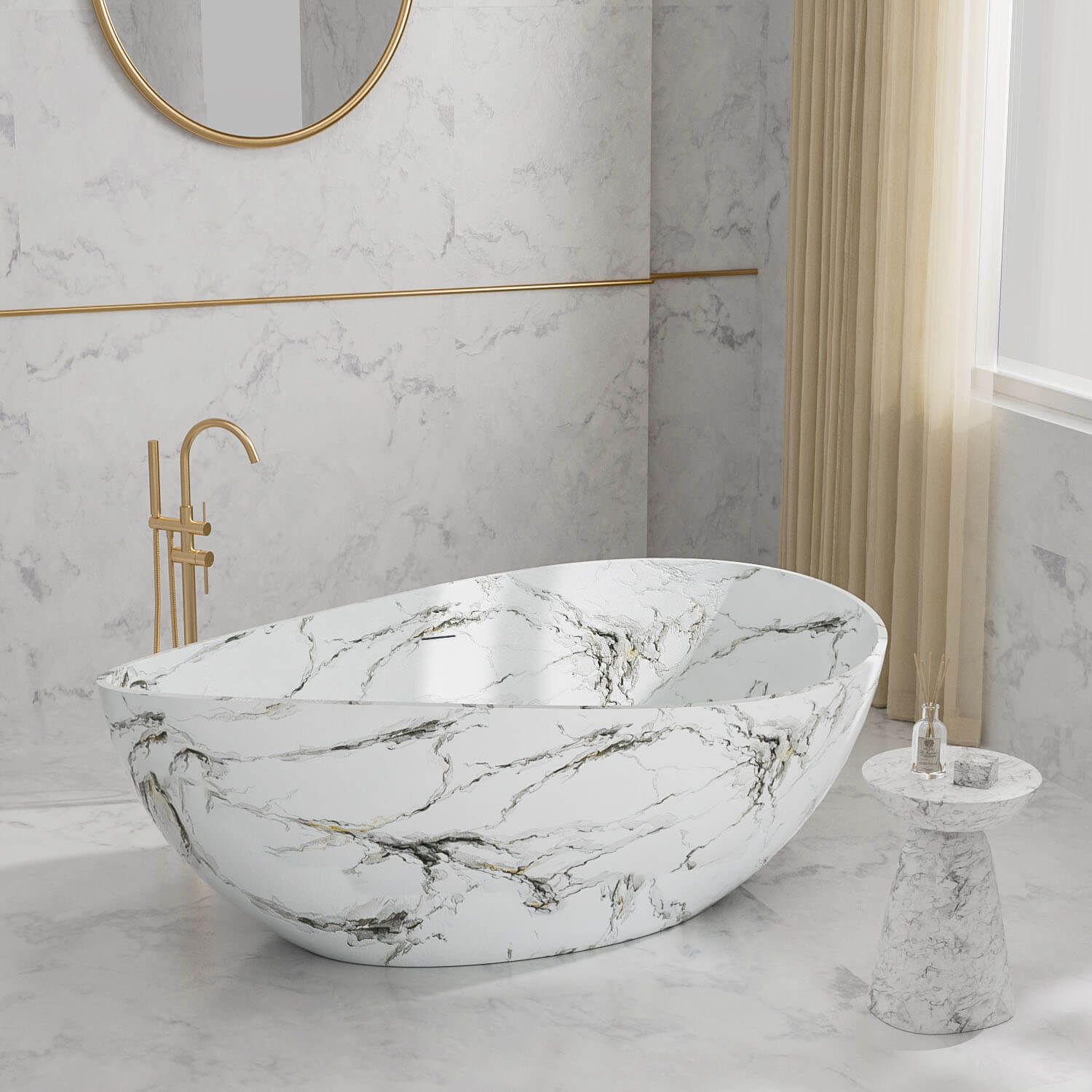 Side view white solid surface bathtub with sculptural curves