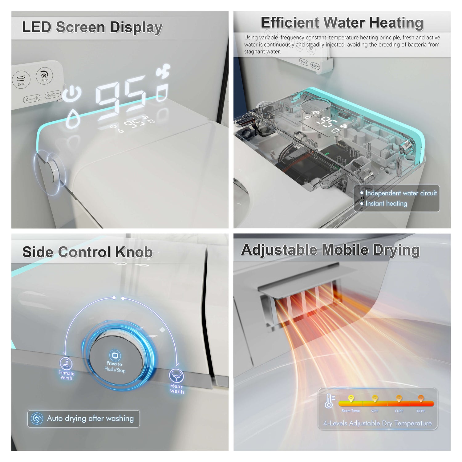 Silent Flushing LED Light Smart Bidet Toilet with Automatic drying