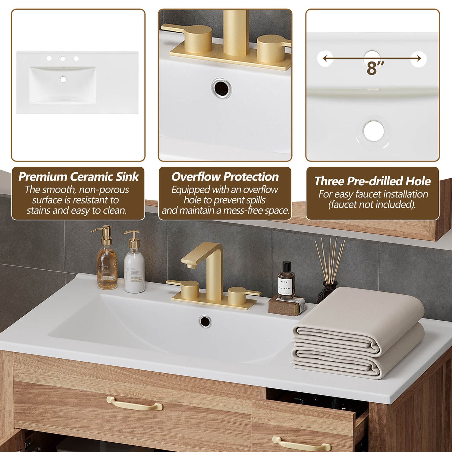 Single Sink Vanity with Adjustable Shelves and Overflow Protection
