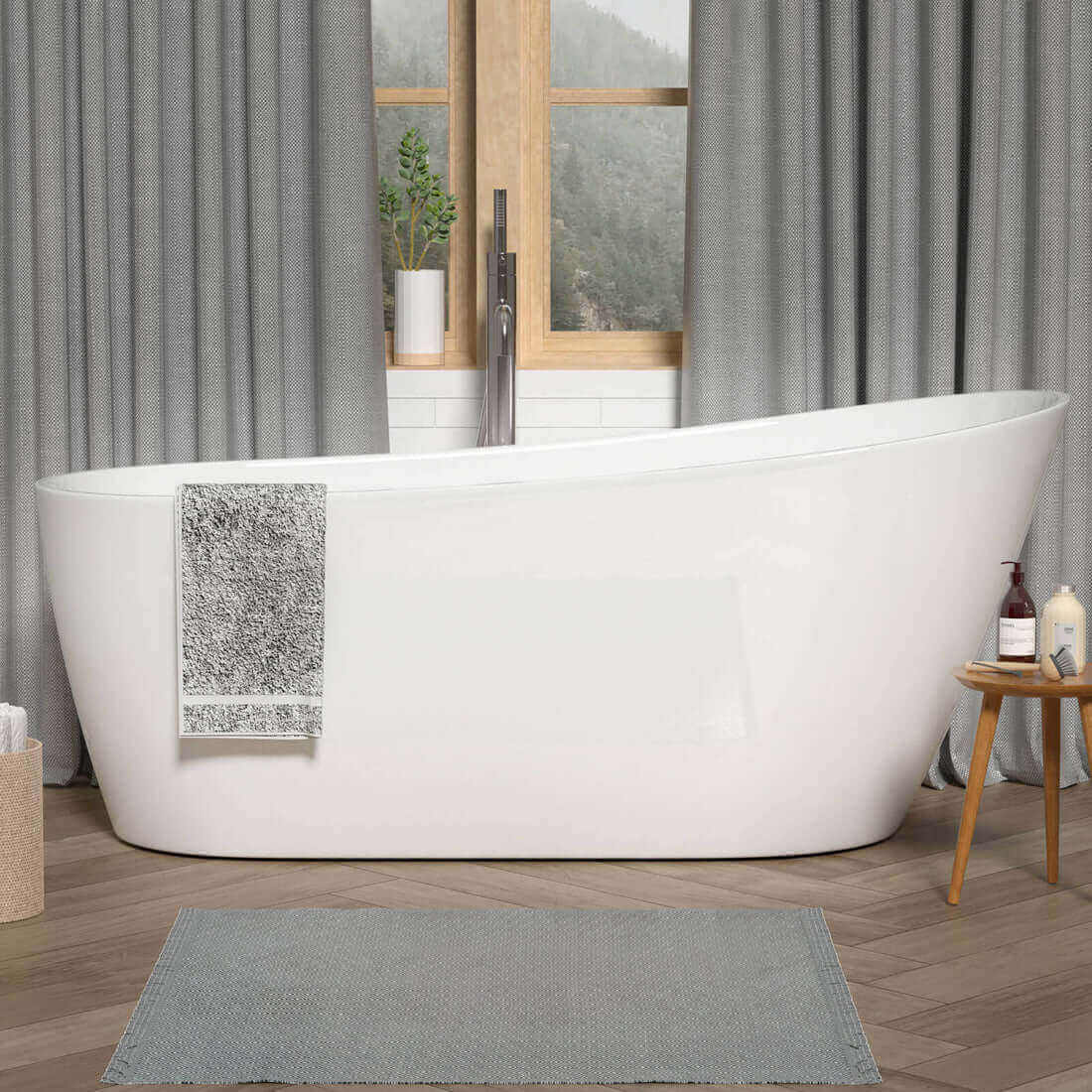 Single_slipper_acrylic_soaking_tub_with_a_towel_draped_over_the_side