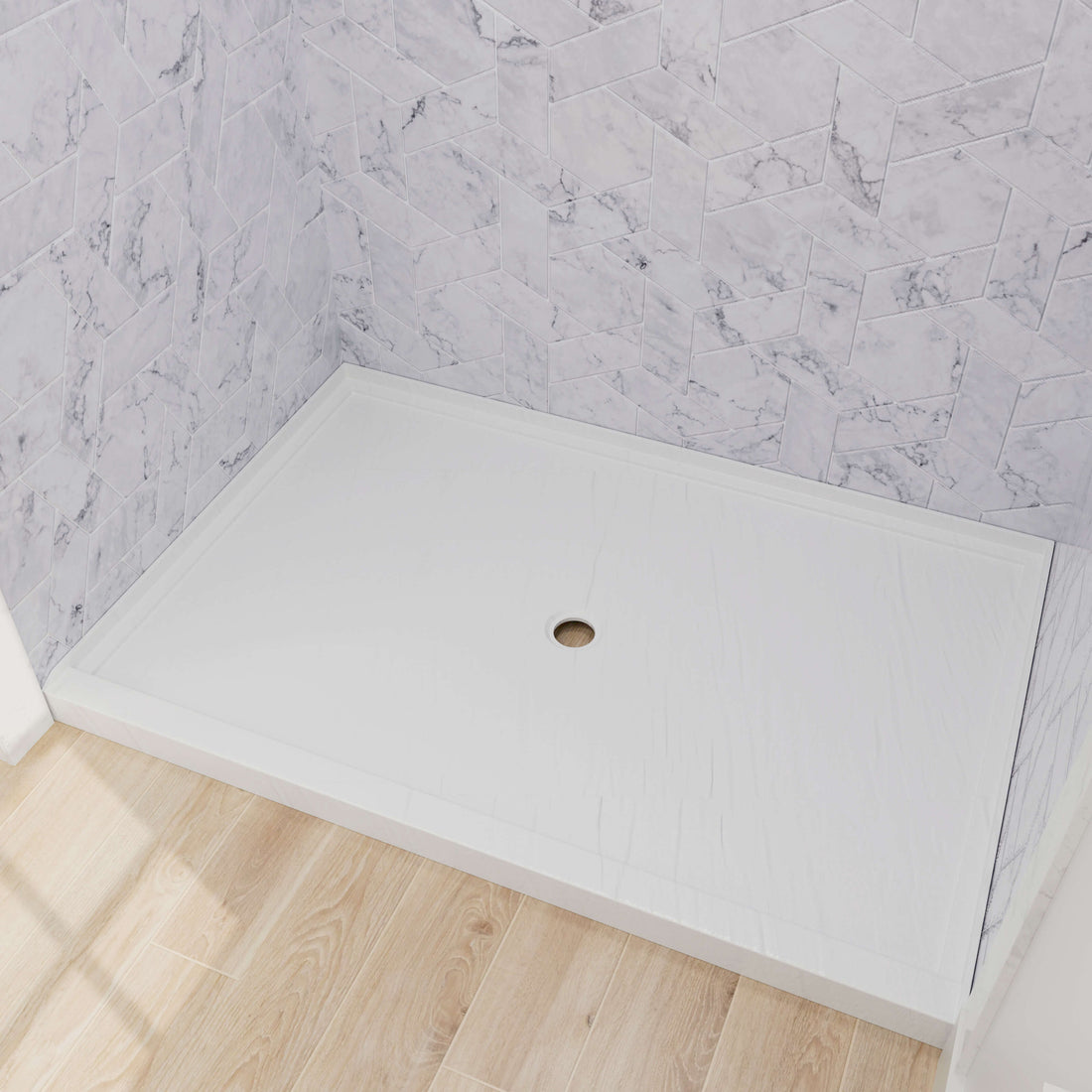 Single threshold 48x32 inch white shower tray in modern alcove bathroom