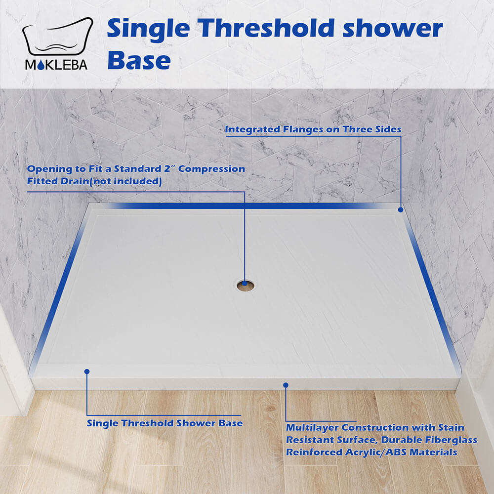 Single threshold 48x32 white shower base design for modern alcove installations