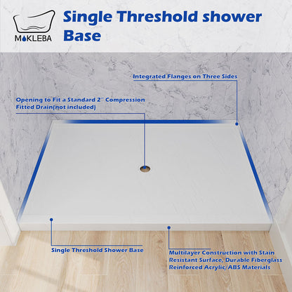 Single threshold 48x32 white shower base design for modern alcove installations