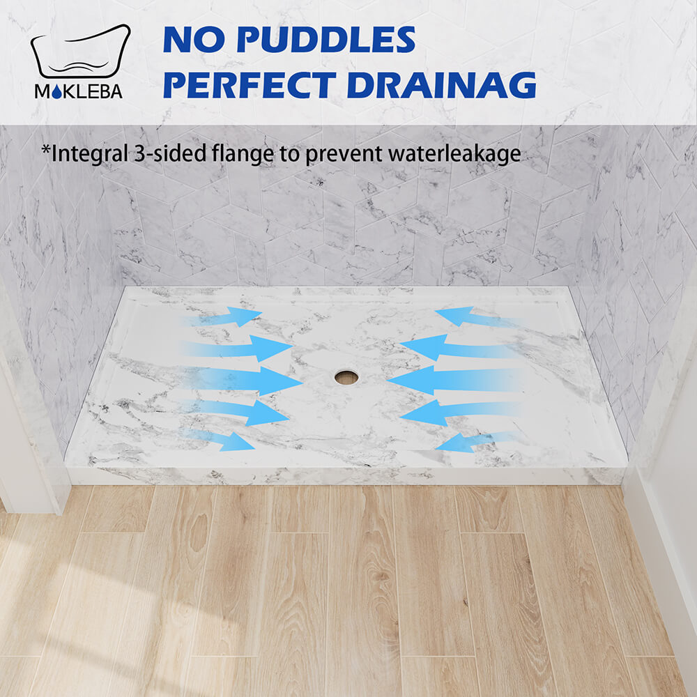 Single threshold shower base with center drain for contemporary bathroom installations