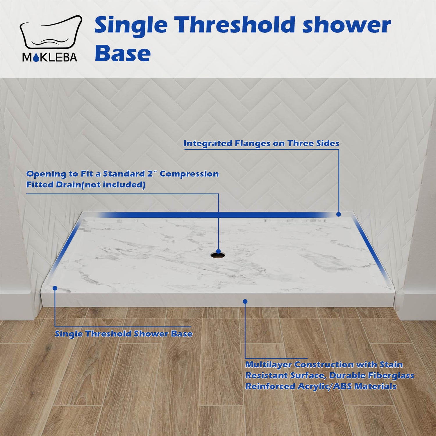 Single threshold shower pan with center drain and efficient water flow design