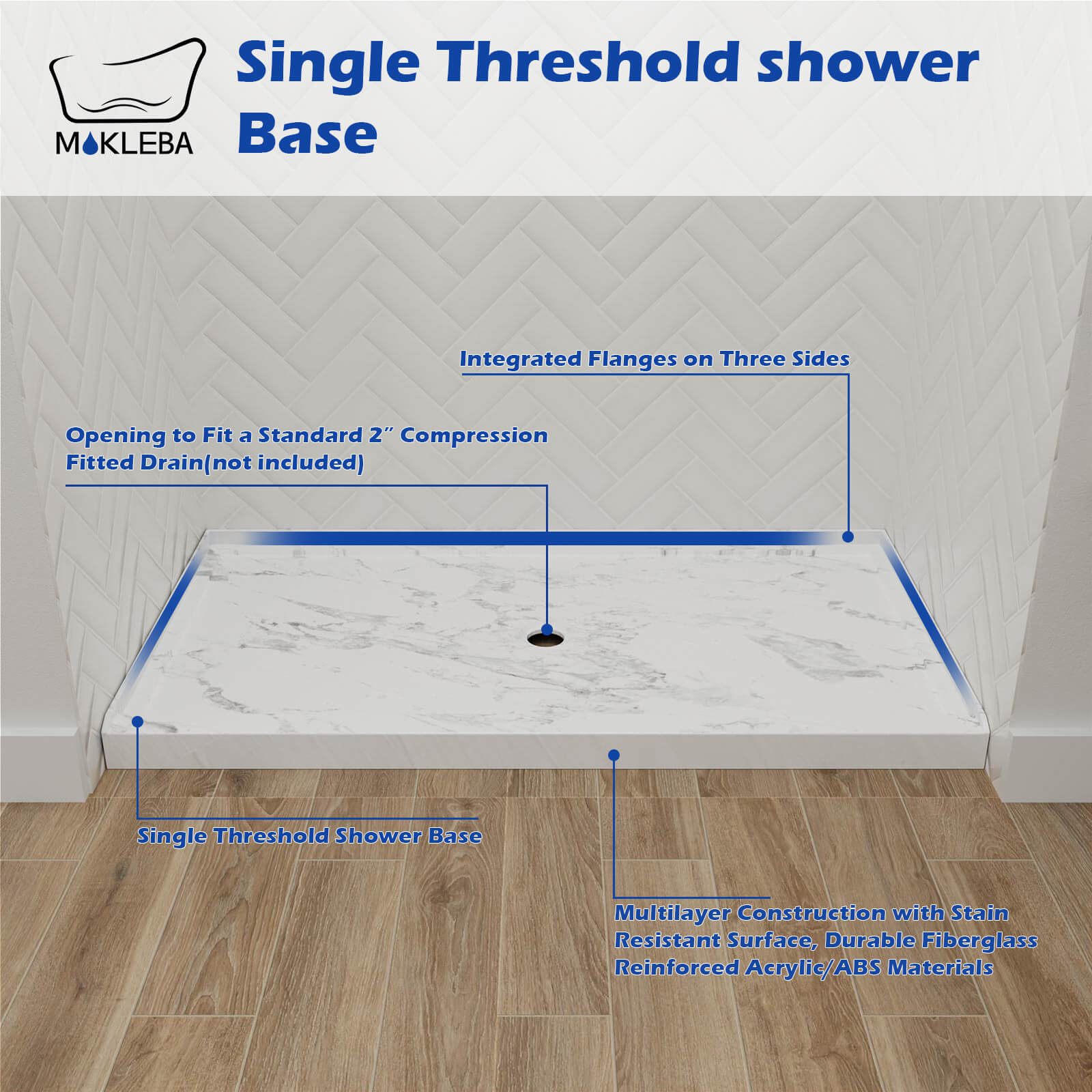 Single threshold shower pan with center drain and efficient water flow design