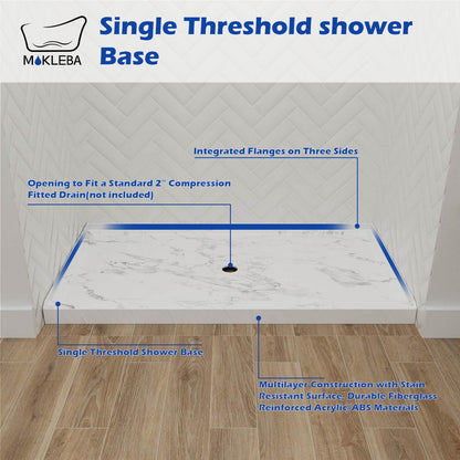 Single threshold shower pan with center drain and efficient water flow design