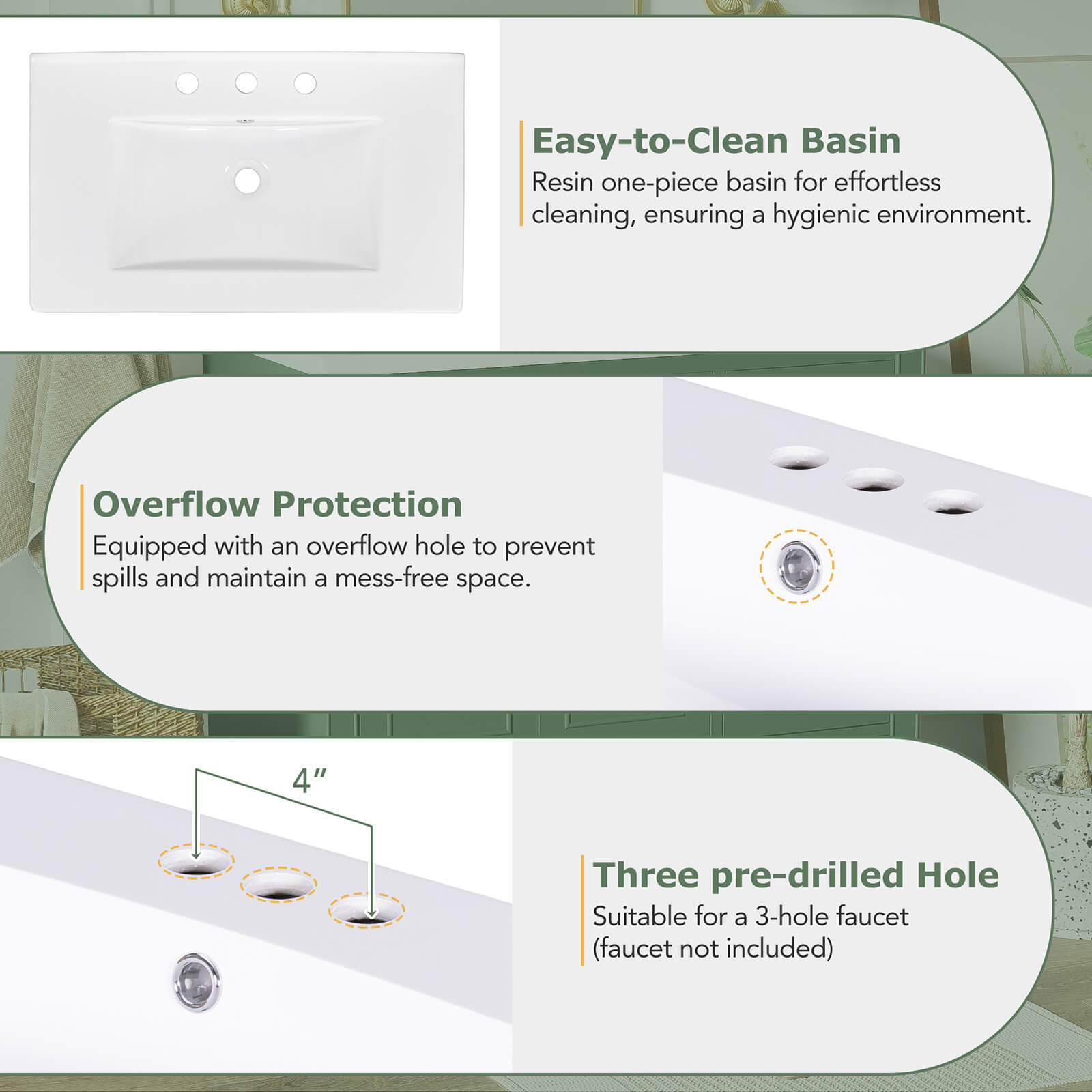 Sink Hole Instructions for 36 inch Traditional Green Bathroom Vanity with Resin Sink