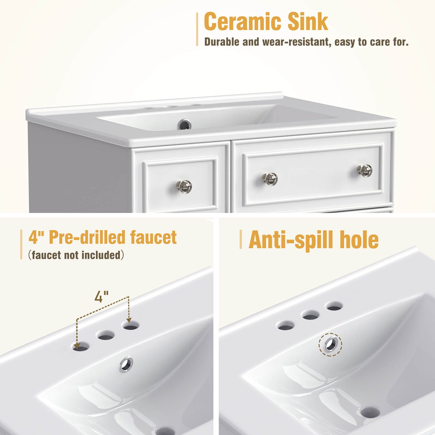 Sink Material Description for 24 Inch Small White Bathroom Vanity with 2 Drawers