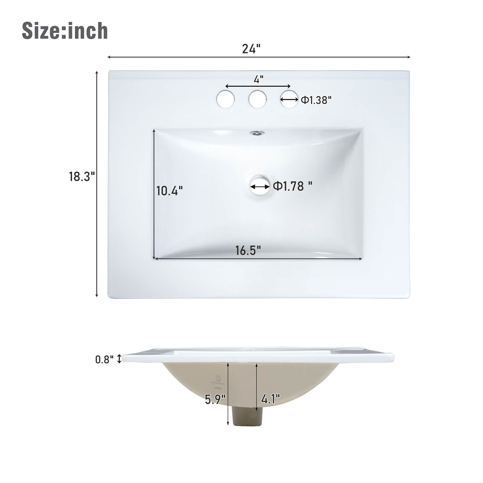 Sink dimensions for a 24 inch small white bathroom vanity with 2 drawers