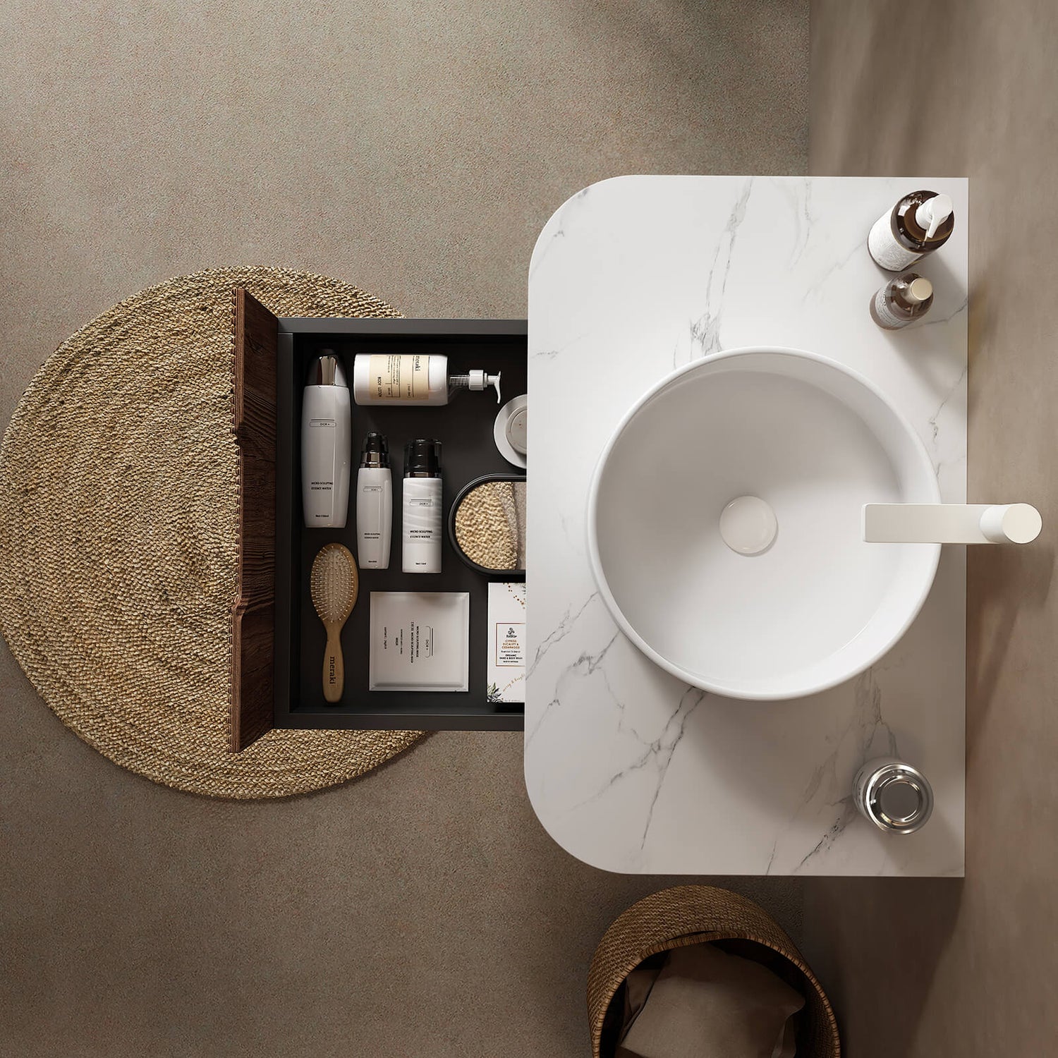Sintered stone vanity top with white ceramic sink