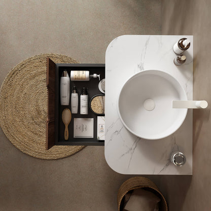 Sintered stone vanity top with white ceramic sink