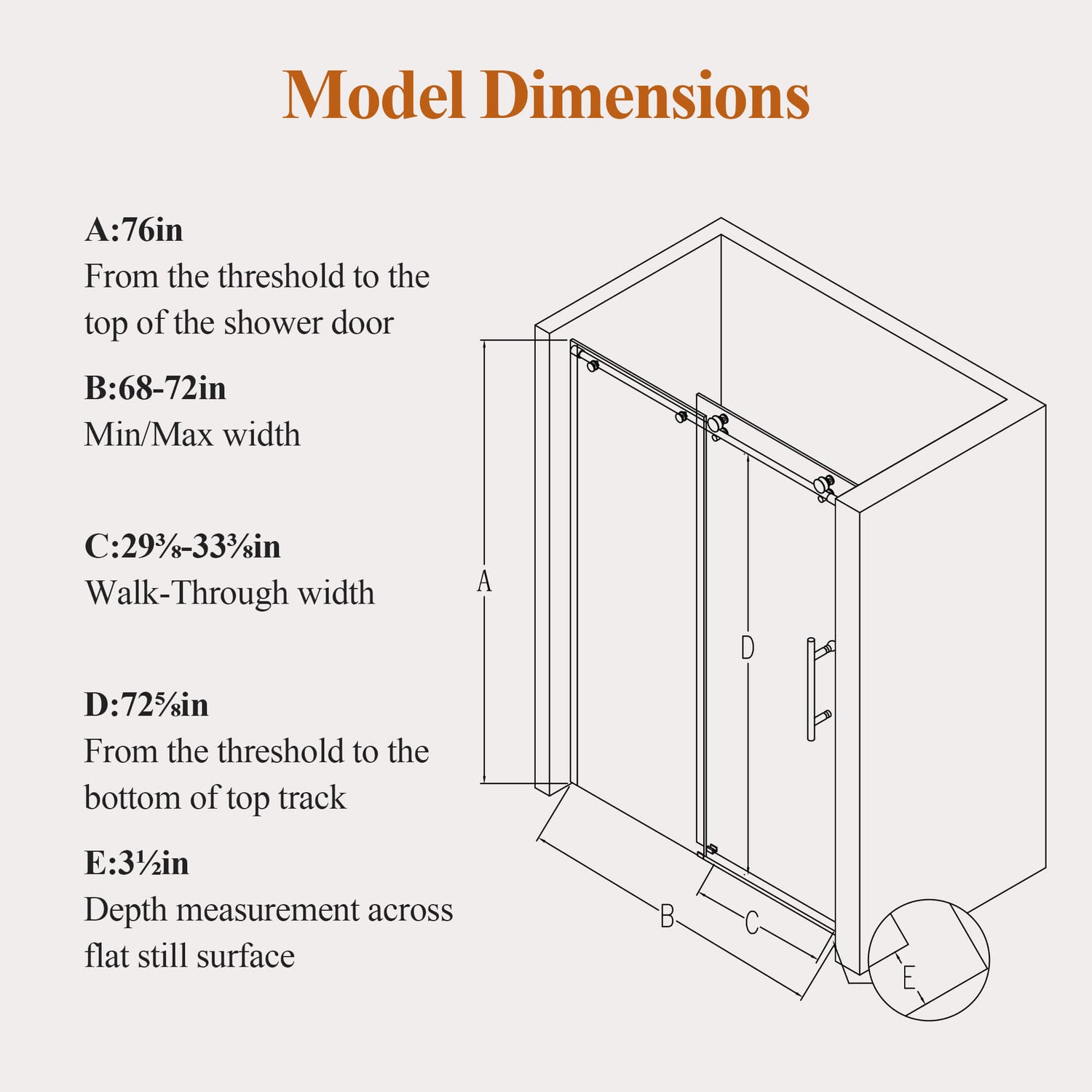 Size Chart and Specification Diagram for 68-72 x 76 inch Frameless Sliding Shower Door