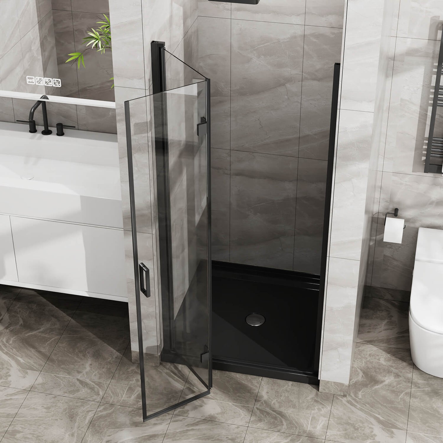 Sleek 34 in x 72 in black glass shower door with tempered glass and flexible design