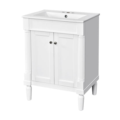 Sleek White Vanity with Cylindrical Legs and Silver Handles
