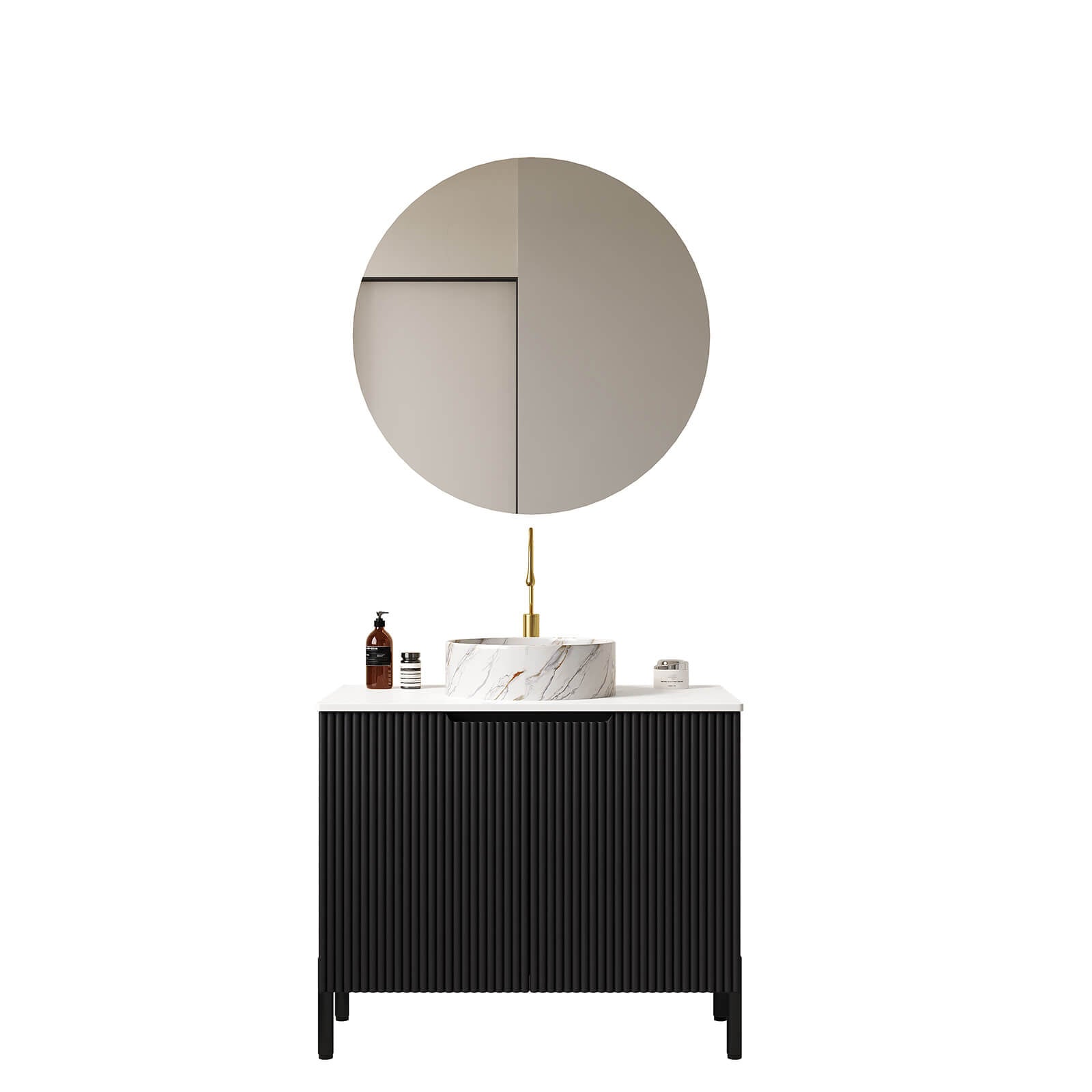 Sleek black bathroom cabinet with ivory ceramic basin and vertical line texture