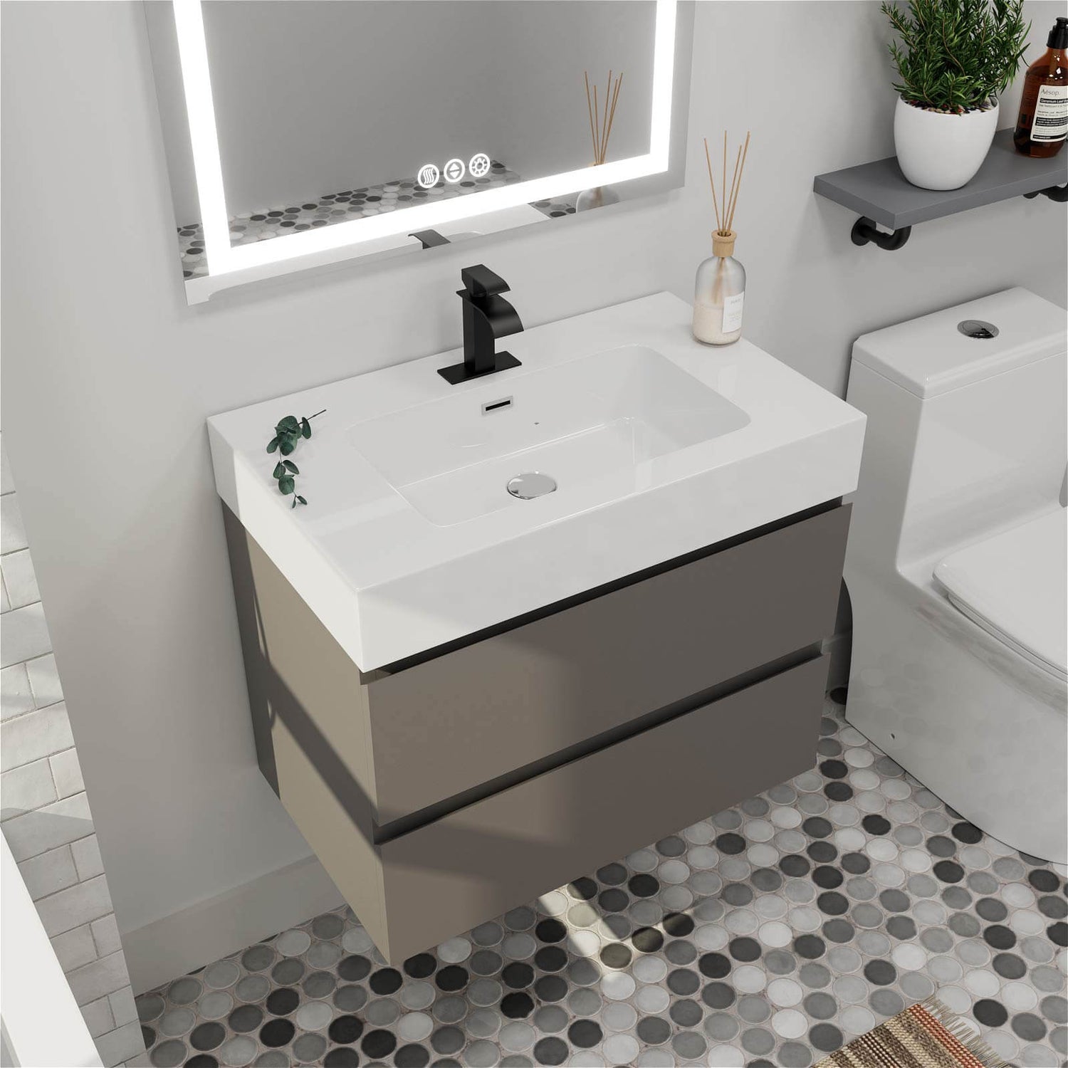 Sleek gray wall mounted bathroom vanity with dual storage drawers