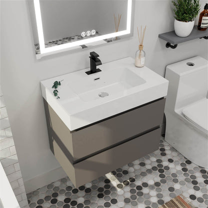 Sleek gray wall mounted bathroom vanity with dual storage drawers