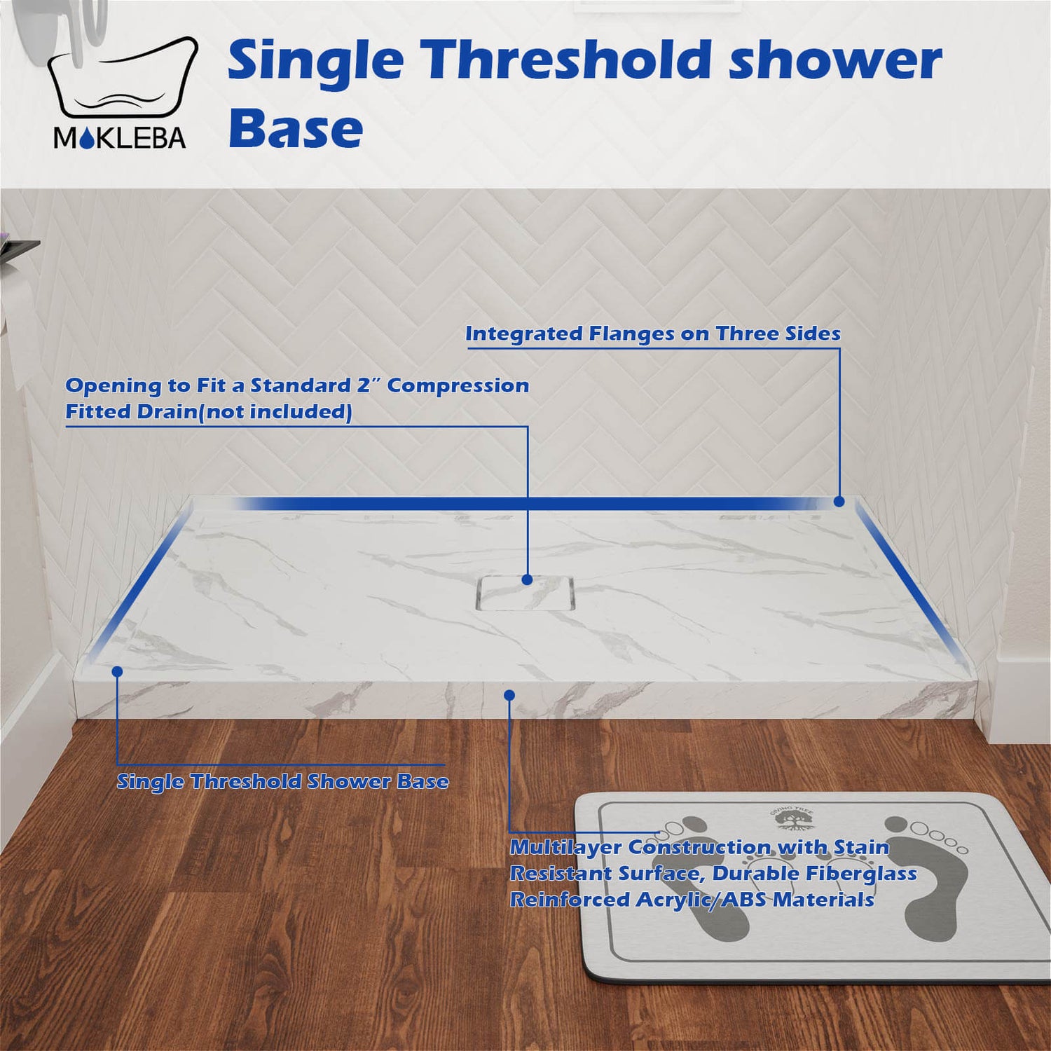 Sleek single threshold shower pan with marble texture