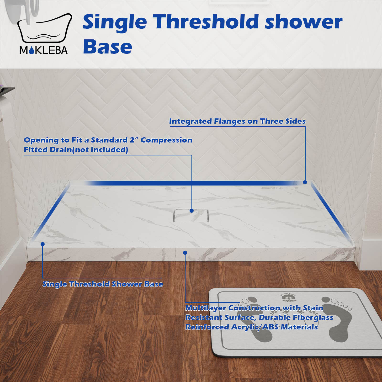 Sleek single threshold shower pan with marble texture