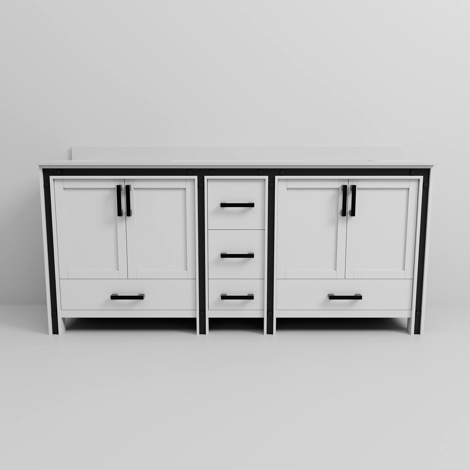 Sleek white bathroom vanity with a minimalist design and durable quartz countertop