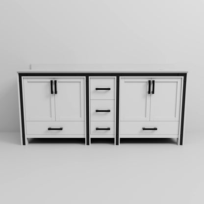 Sleek white bathroom vanity with a minimalist design and durable quartz countertop