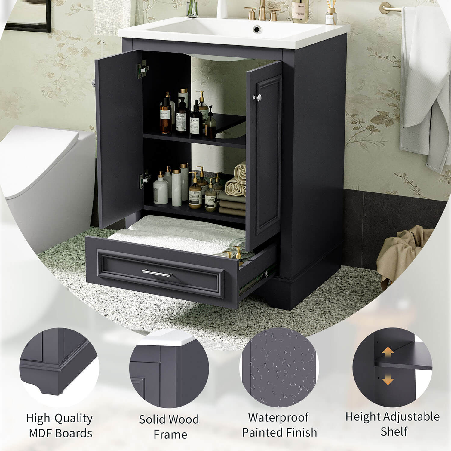 Sleek 24 inch gray vanity constructed from solid wood and high-quality MDF