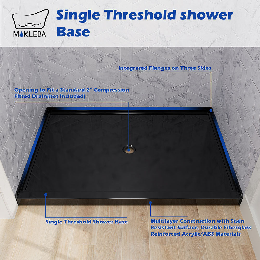 Sleek 48x32 black shower pan designed for 3-wall alcove bathroom layout