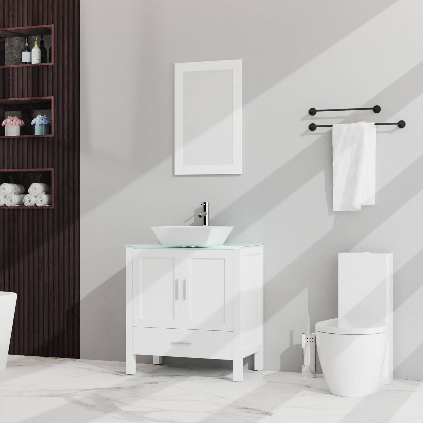 Sleek bathroom vanity featuring glass surface and matching mirror for a cohesive design