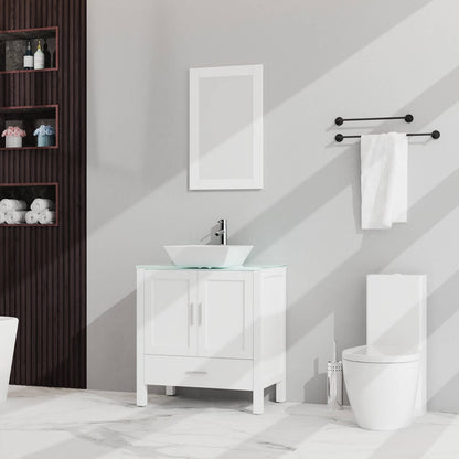 Sleek bathroom vanity featuring glass surface and matching mirror for a cohesive design
