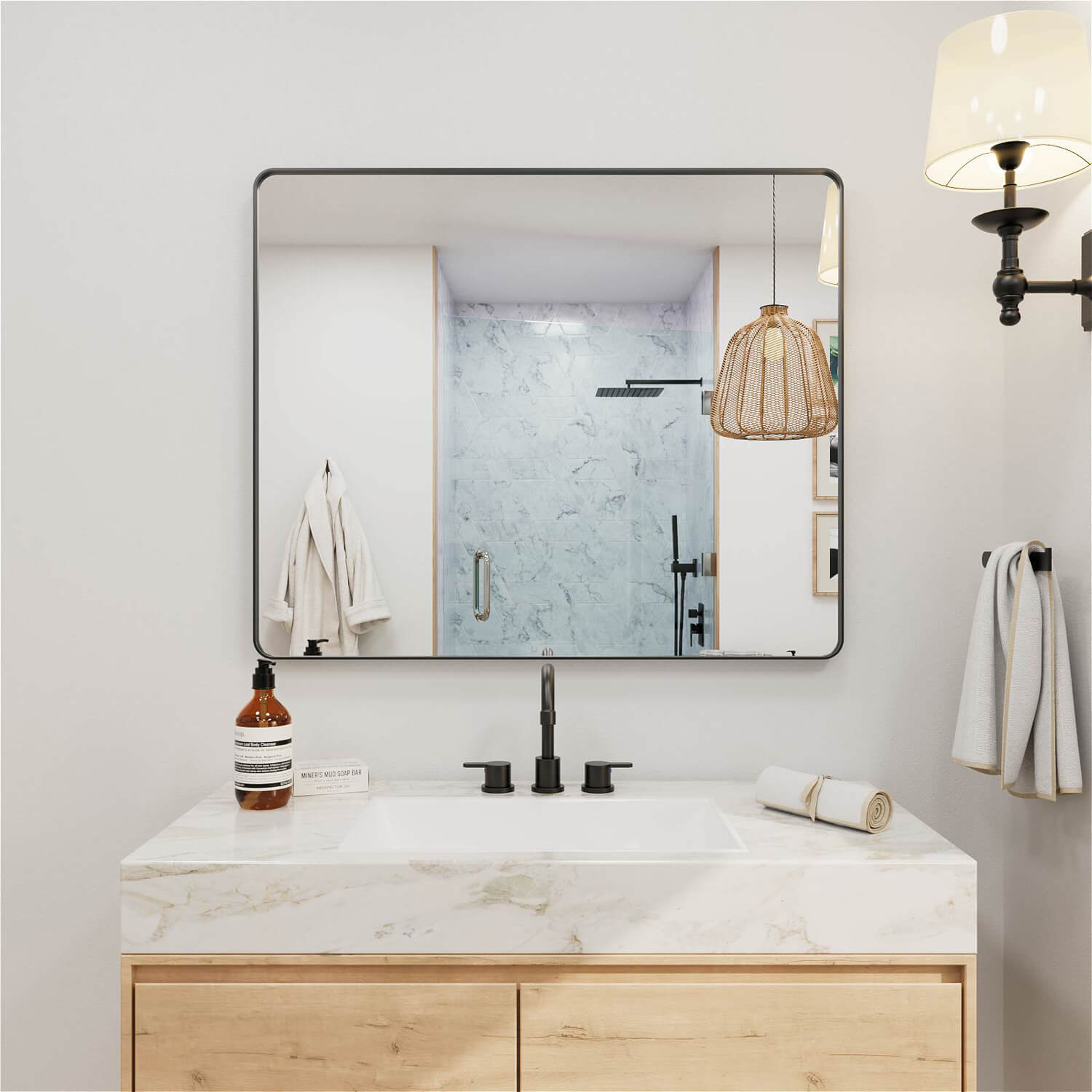 Sleek black framed square shaped bathroom vanity mirror