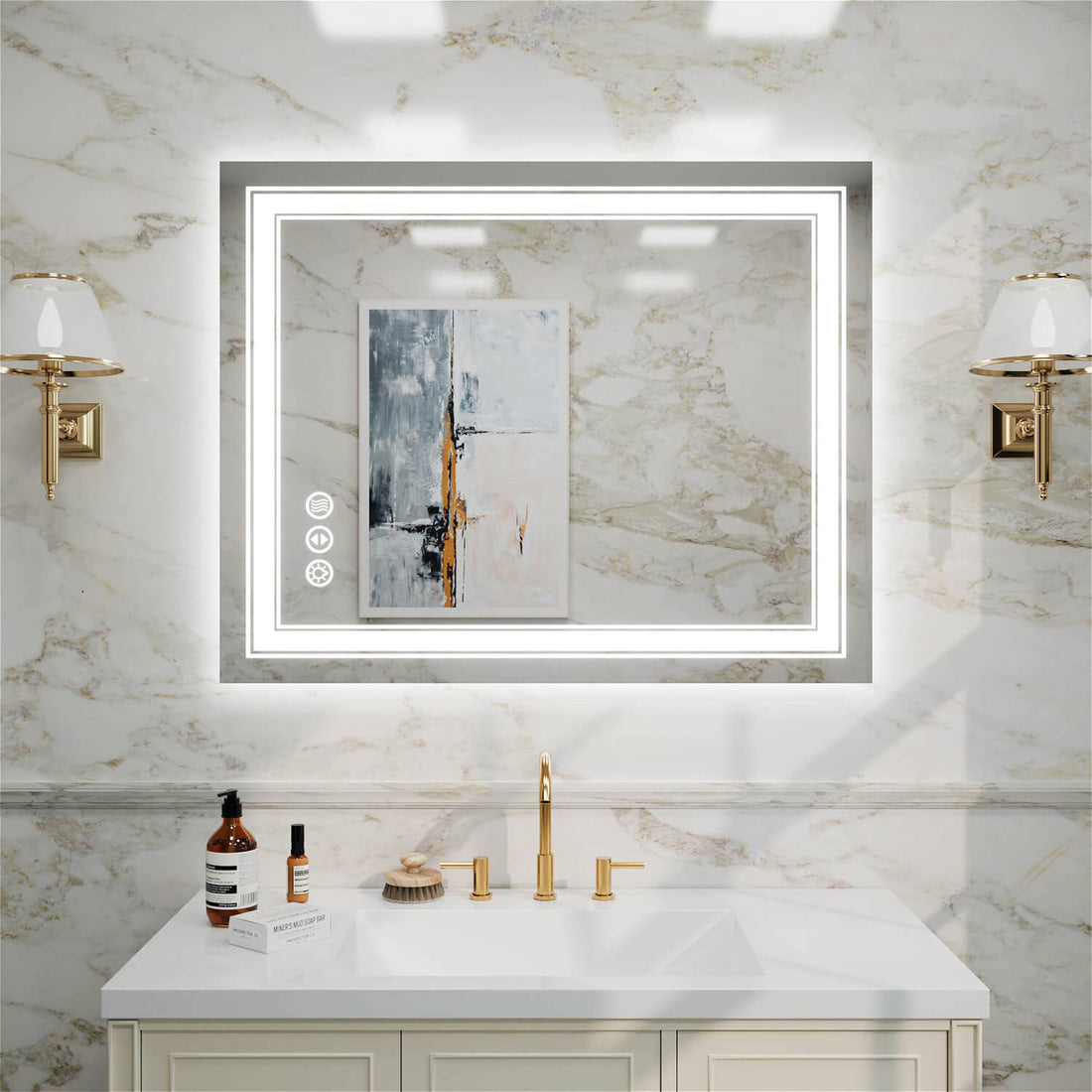 Sleek frameless LED bathroom mirror with dual LED borders and left-side touch controls