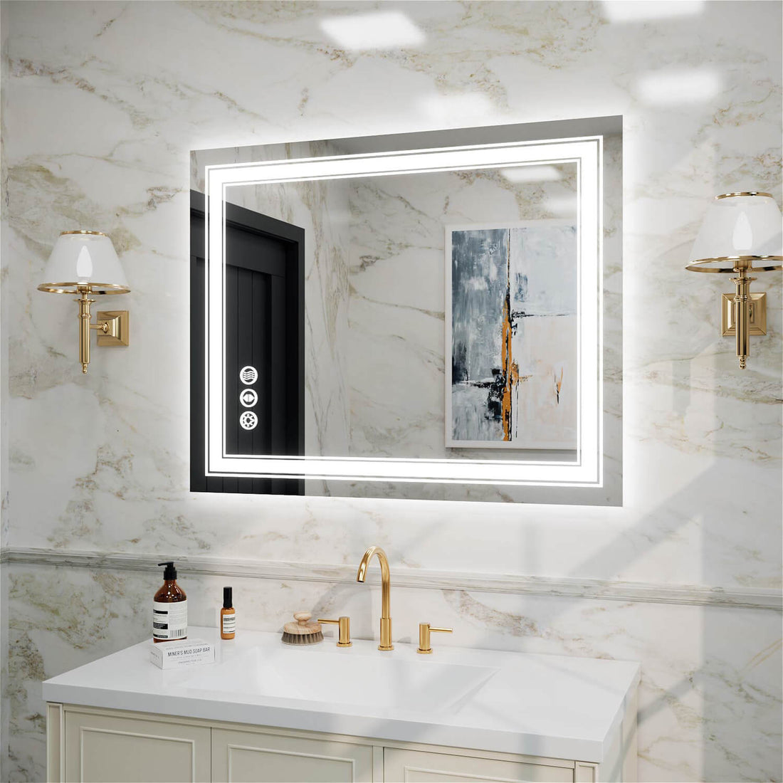 Sleek frameless LED bathroom mirror with dual LED borders and rapid defogging