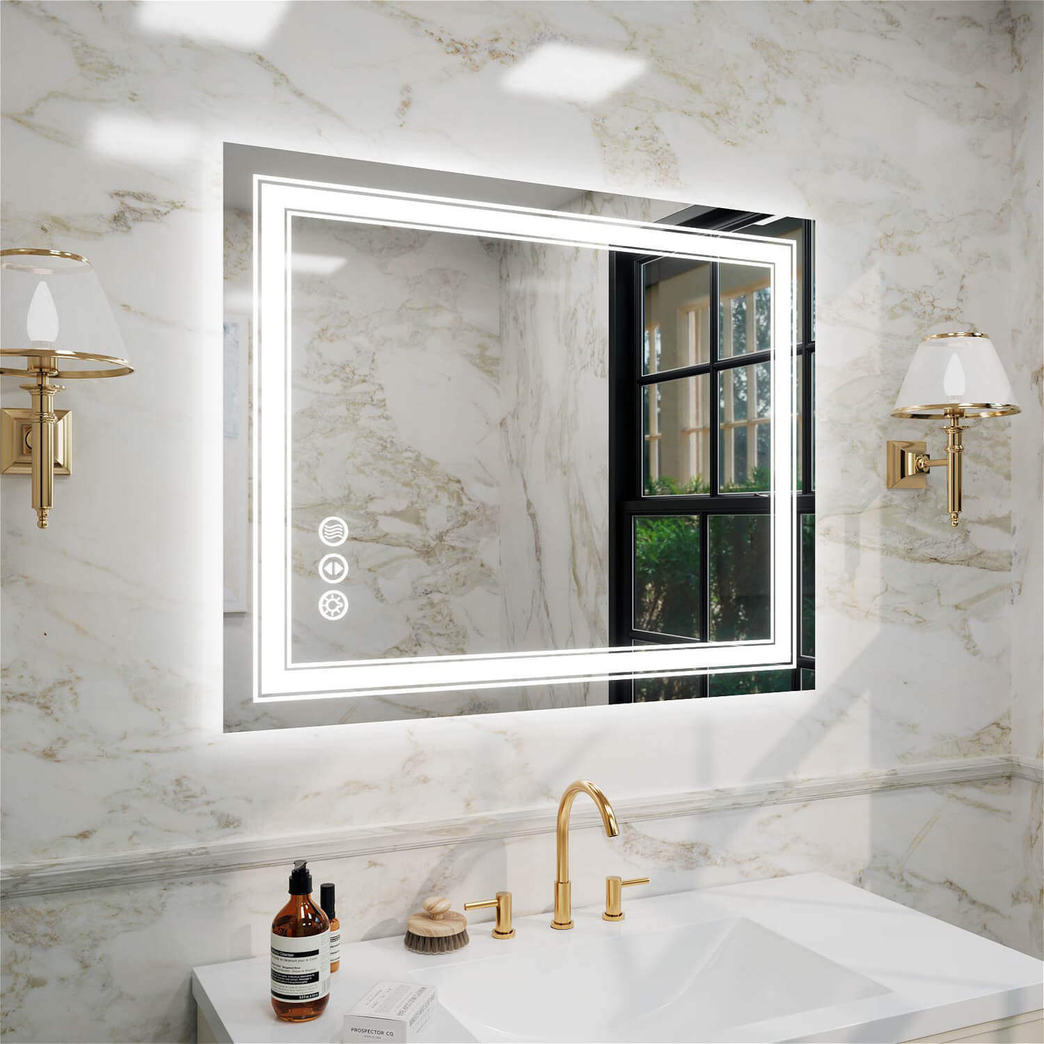 Sleek frameless LED bathroom mirror with dual LED borders and stepless dimming