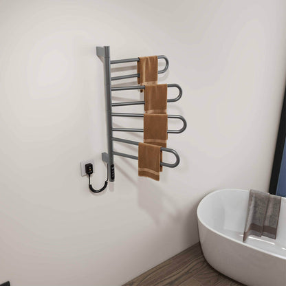 Sleek gray towel warmer with customizable temperature range