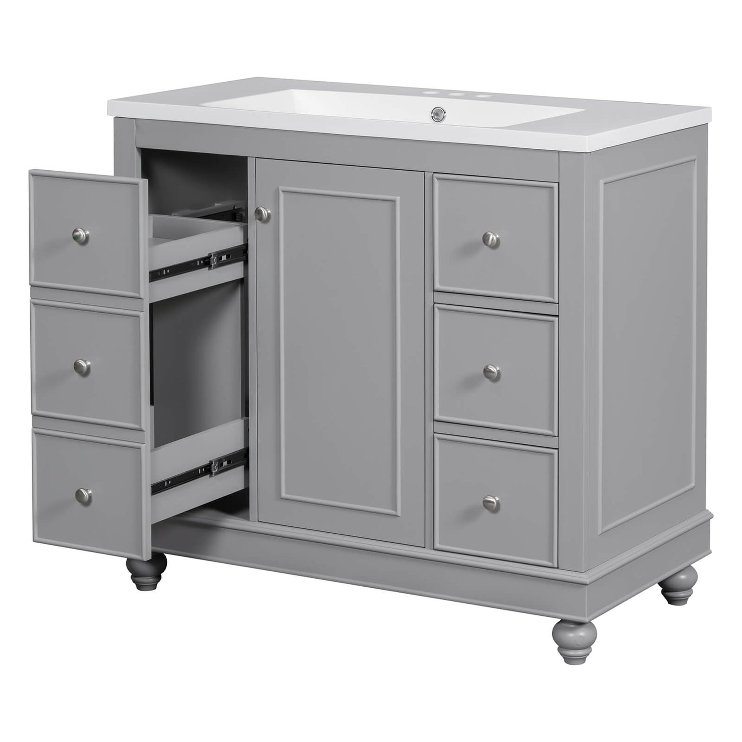 Sleek gray vanity with seamless sink design for a modern bathroom