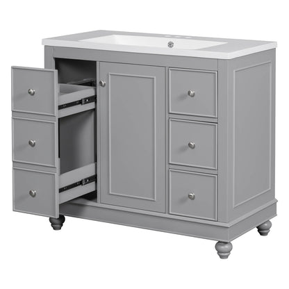 Sleek gray vanity with seamless sink design for a modern bathroom