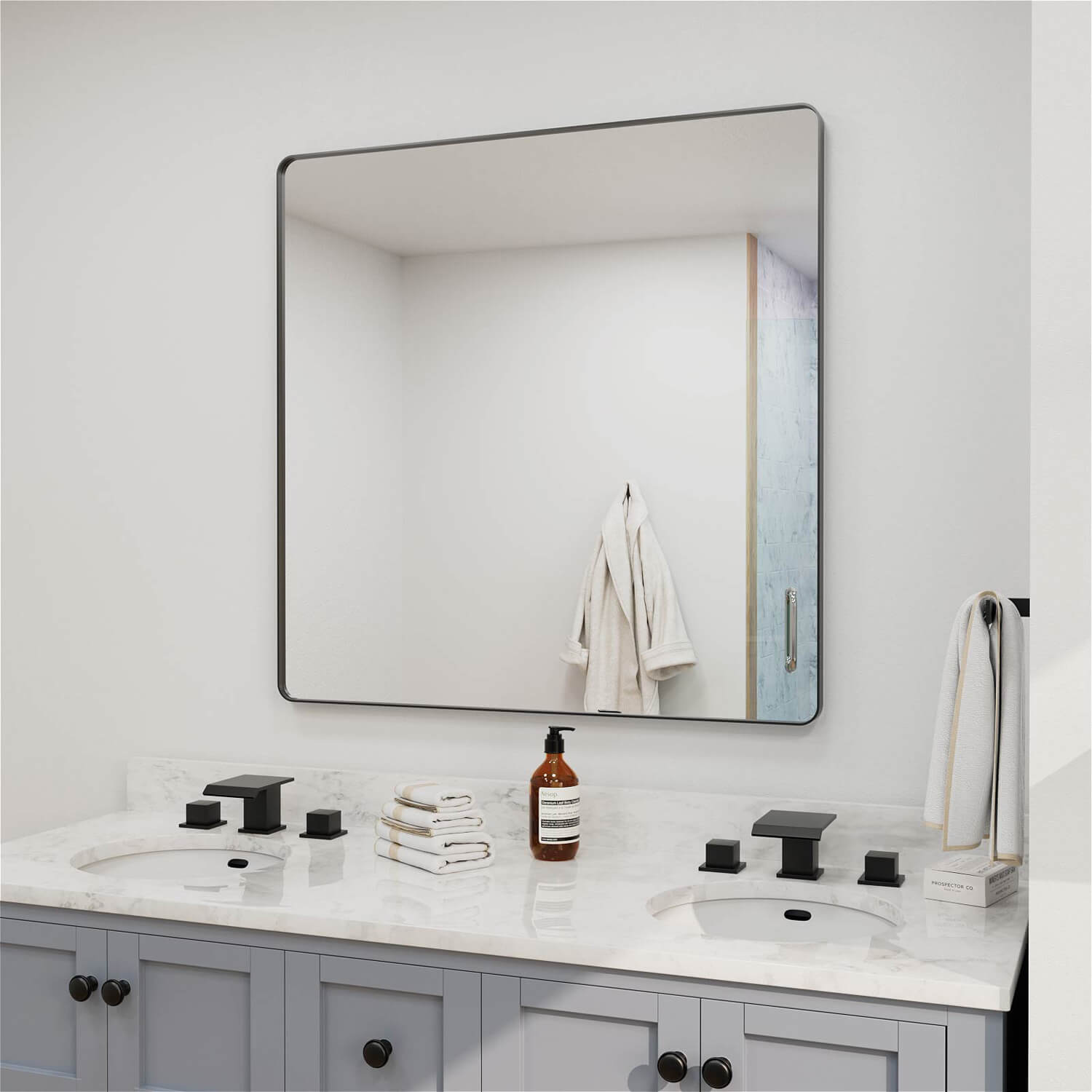 Sleek large square black framed bathroom mirror