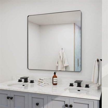 Sleek large square black framed bathroom mirror
