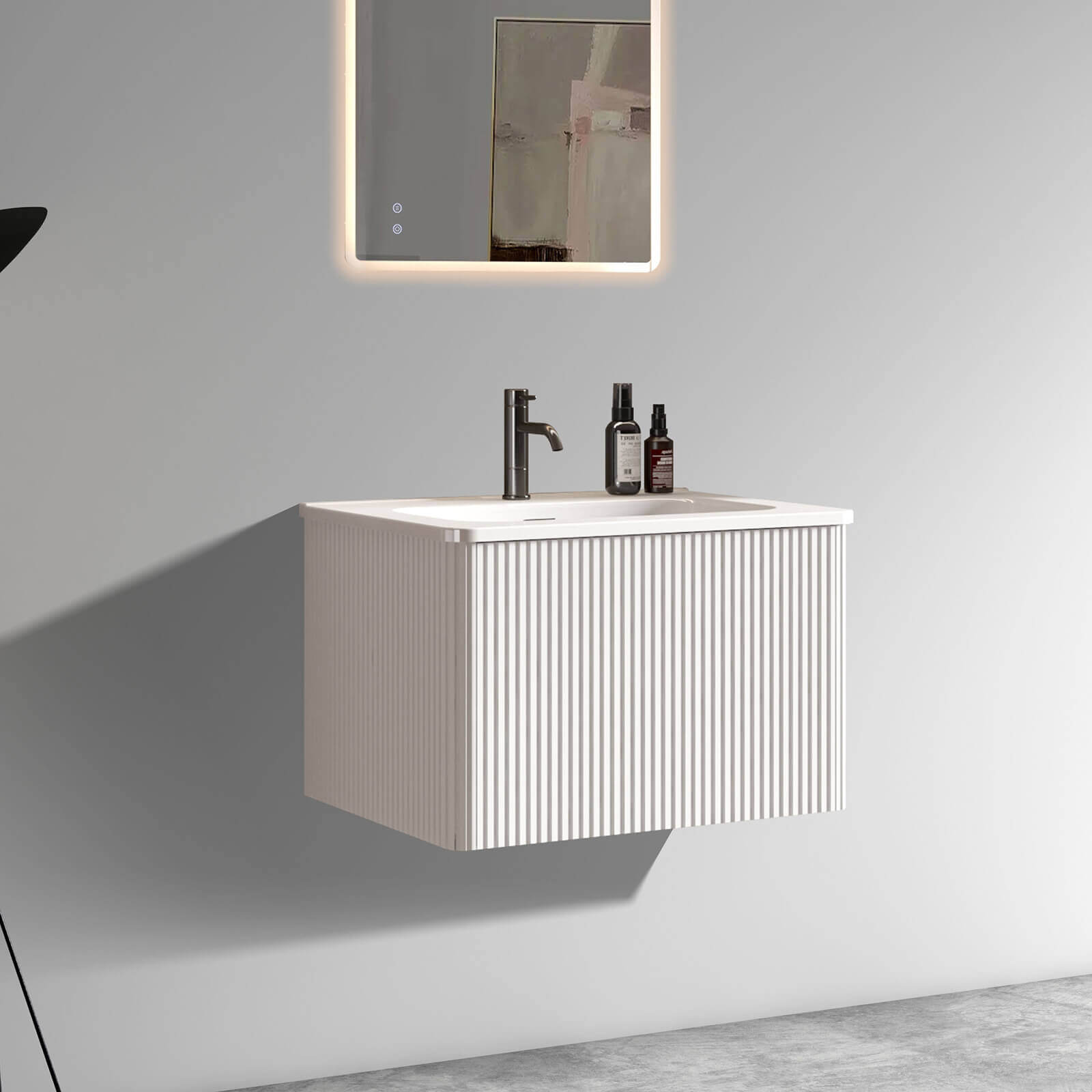 Sleek minimalist bathroom vanity featuring hidden handles and bright white finish