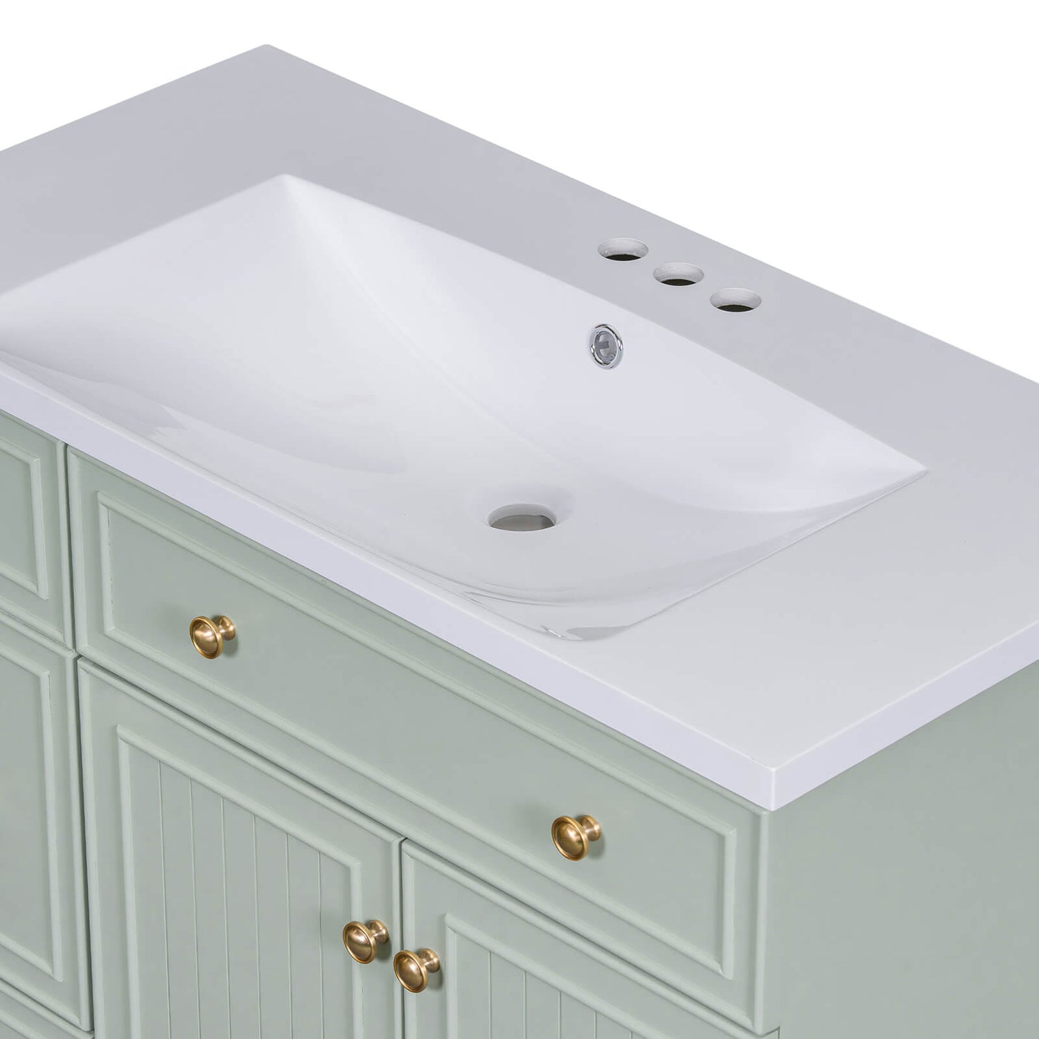 Sleek resin sink on light grey-green bathroom vanity