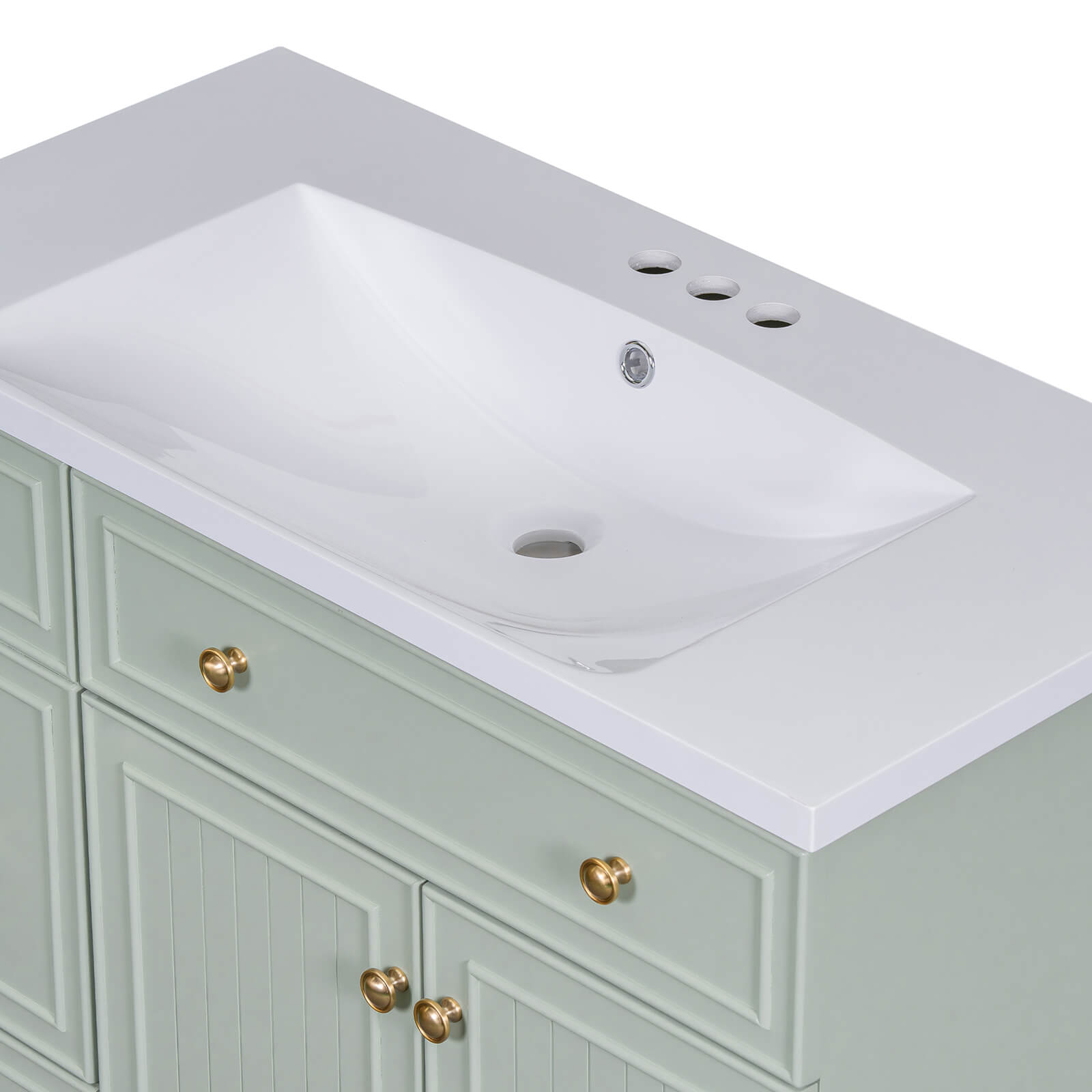 Sleek resin sink on light grey-green bathroom vanity